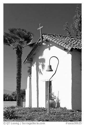 Facade and bell, Mission Nuestra Senora de la Soledad. California, USA (black and white)