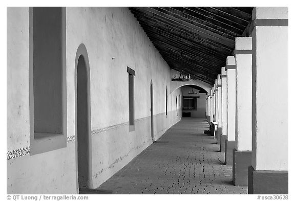 Corridor, Mission San Miguel Arcangel. California, USA (black and white)