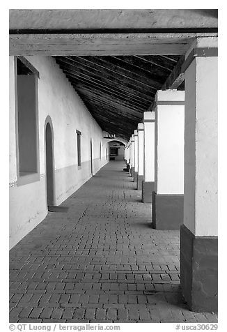 Corridor, Mission San Miguel Arcangel. California, USA (black and white)