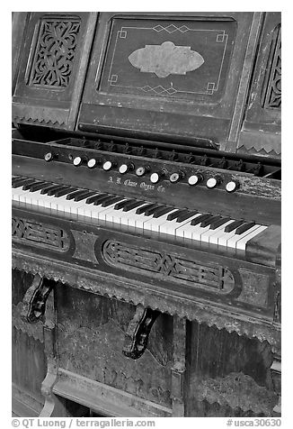 Old organ, Mission San Miguel Arcangel. California, USA (black and white)