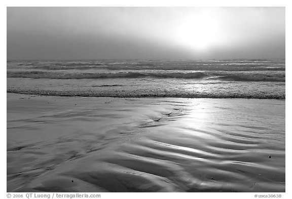 Foggy sunset over the ocean. Morro Bay, USA (black and white)