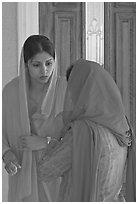 Indian woman in sari, Sikh Gurdwara Temple. San Jose, California, USA (black and white)