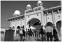 Indian immigrants gathering in fron of the Sikh Gurdwara Temple. San Jose, California, USA (black and white)