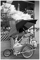 Homeless cart next to a pet store on  Santa Cruz avenue. Menlo Park,  California, USA (black and white)