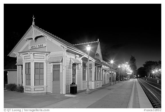 Train station (oldest in California) at night. Menlo Park,  California, USA (black and white)