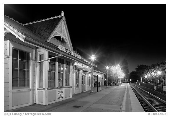 Train station (oldest in California) at night. Menlo Park,  California, USA (black and white)