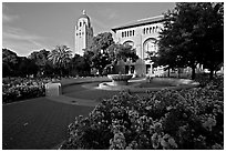 Bing Wing of Green Library and Hoover Tower,  late afternoon. Stanford University, California, USA (black and white)