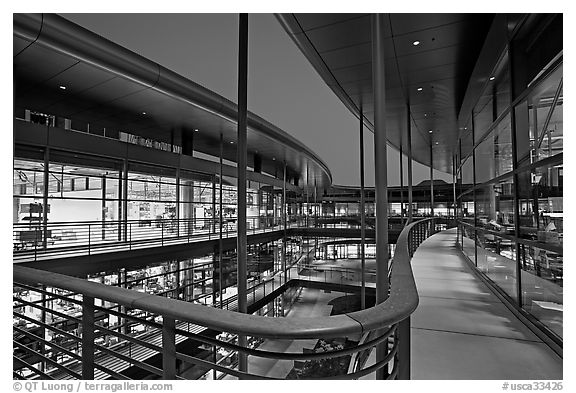 Newly constructed James Clark Center, dusk. Stanford University, California, USA (black and white)