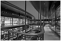 Newly constructed James Clark Center, dusk. Stanford University, California, USA (black and white)