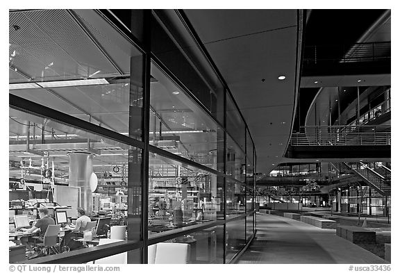 Laboratories in the James Clark Center at night. Stanford University, California, USA (black and white)