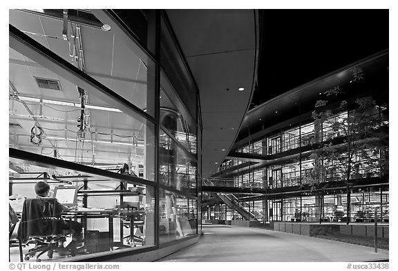 Labs at night, James Clark Center. Stanford University, California, USA (black and white)