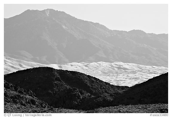 Hills, Kelso Dunes, and Granit Moutains from a distance. Mojave National Preserve, California, USA (black and white)