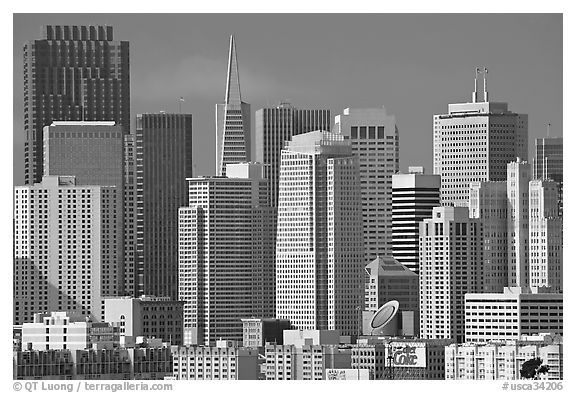 Financial district skyline with MOMA building, afternoon. San Francisco, California, USA (black and white)