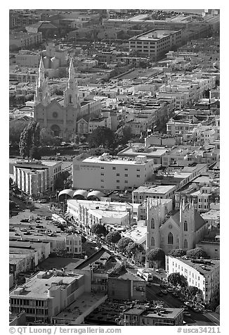 North Beach and Columbus Avenue from above, late afteroon. San Francisco, California, USA