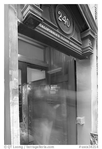 Entrance of California's older restaurant. San Francisco, California, USA (black and white)
