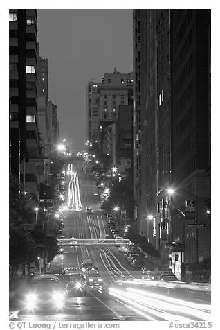 Steep street and lights at dusk. San Francisco, California, USA