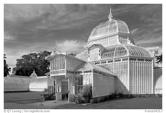 Facade of the renovated Conservatory of Flowers. San Francisco, California, USA (black and white)