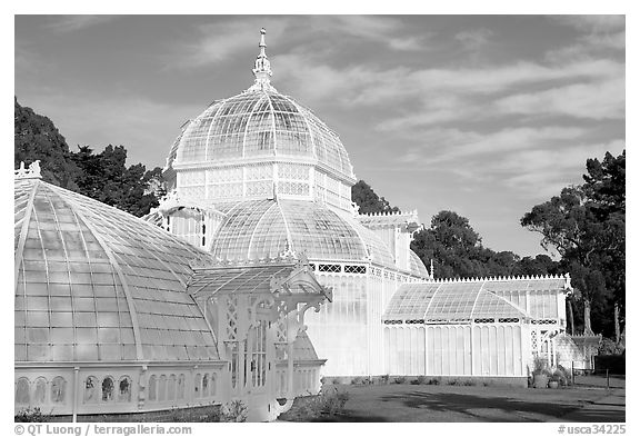 Side view of the Conservatory of Flowers, whitewashed to avoid heat absorption. San Francisco, California, USA (black and white)