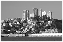 Telegraph Hill and Coit Tower seen from Treasure Island, early morning. San Francisco, California, USA ( black and white)