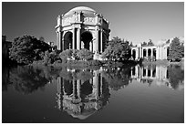 Palace of Fine Arts reflected in lagoon, morning. San Francisco, California, USA (black and white)