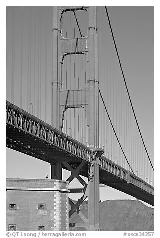 Fort Point with person on roof and Golden Gate Bridge. San Francisco, California, USA