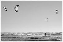 Multitude of kite surfing wings, afternoon. San Francisco, California, USA (black and white)