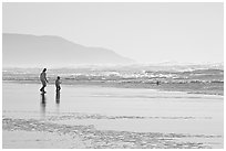 Man and child on wet beach, afternoon. San Francisco, California, USA ( black and white)