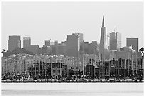 Sausalito houseboats and City skyline, sunset. San Francisco, California, USA ( black and white)