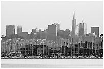 Sausalito houseboats and City skyline, sunset. San Francisco, California, USA (black and white)