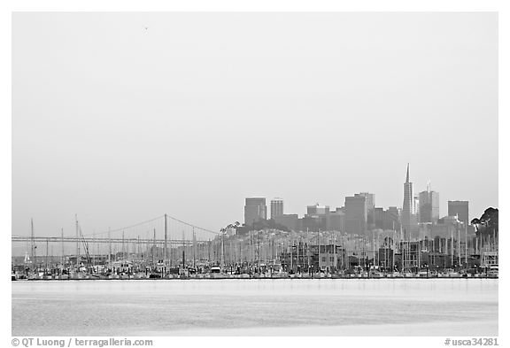 San Francisco Skyline seen from Sausalito with houseboats in background. San Francisco, California, USA