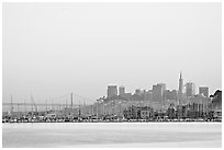 San Francisco Skyline seen from Sausalito with houseboats in background. San Francisco, California, USA ( black and white)