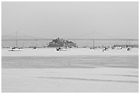 Harbor in Richardson Bay and city skyline painted in pink hues at sunset. San Francisco, California, USA (black and white)