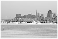 Alcatraz Island and Bay Bridge, painted in pink hues at sunset. San Francisco, California, USA (black and white)