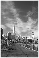 Wooden pier and Transamerica Pyramid, morning. San Francisco, California, USA (black and white)