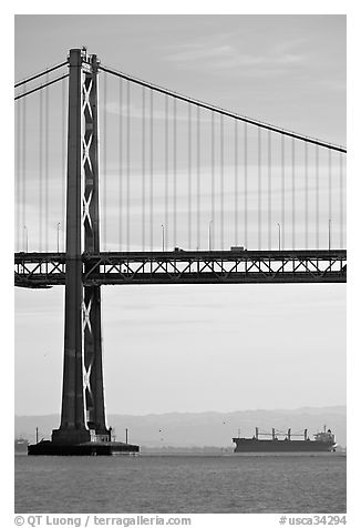 Bay Bridge and tanker,  morning. San Francisco, California, USA (black and white)