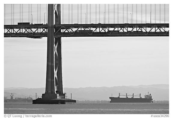 Tanker ship and Bay Bridge,  morning. San Francisco, California, USA (black and white)