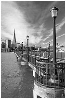 Pier 7 and city skyline. San Francisco, California, USA (black and white)