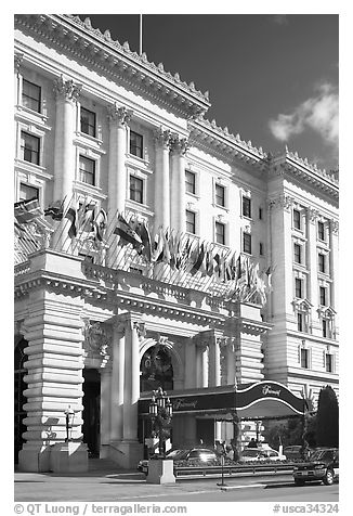 Fairmont Hotel and flags, early afternoon. San Francisco, California, USA (black and white)