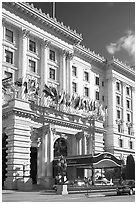 Fairmont Hotel and flags, early afternoon. San Francisco, California, USA (black and white)