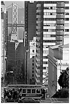 Cable-car, Chinatown, Financial District and Bay Bridge. San Francisco, California, USA (black and white)