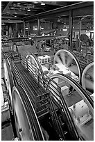 Cable winding machinery in the Cable-car powerhouse. San Francisco, California, USA (black and white)