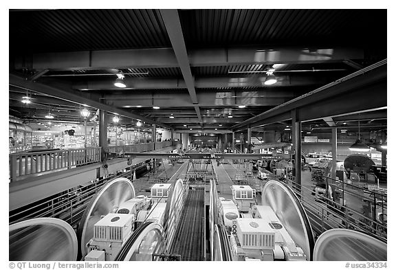 Wide inside view of historic cable car barn. San Francisco, California, USA