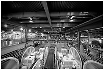 Wide inside view of historic cable car barn. San Francisco, California, USA ( black and white)