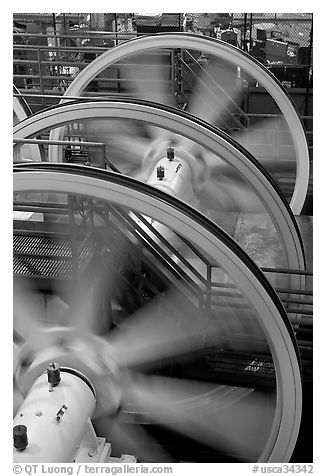 Wheels of cable winding machine. San Francisco, California, USA (black and white)