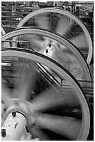 Wheels of cable winding machine. San Francisco, California, USA (black and white)