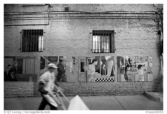 Man pushing a cart in front of mural paintings, Ross Alley, Chinatown. San Francisco, California, USA