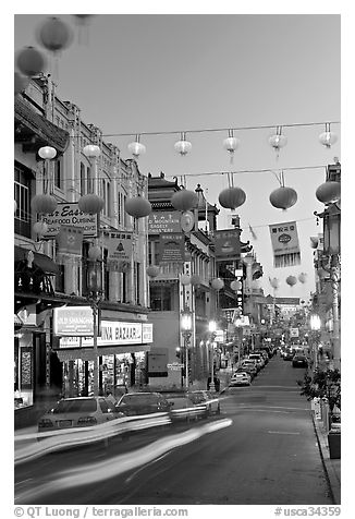 Grant Street at dusk,  Chinatown. San Francisco, California, USA (black and white)