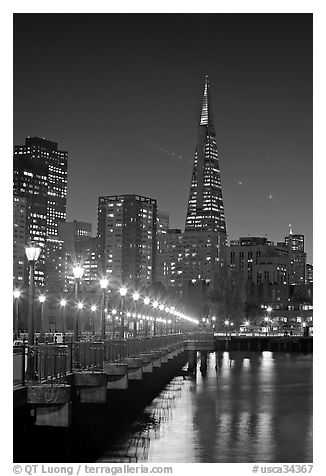 Transamerica Pyramid and Pier seven reflections at night. San Francisco, California, USA