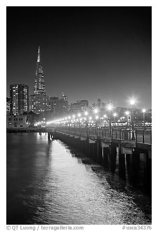 Lights and reflection, Pier seven, and Transamerica Pyramid. San Francisco, California, USA