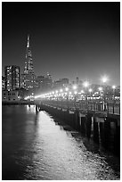 Lights and reflection, Pier seven, and Transamerica Pyramid. San Francisco, California, USA (black and white)